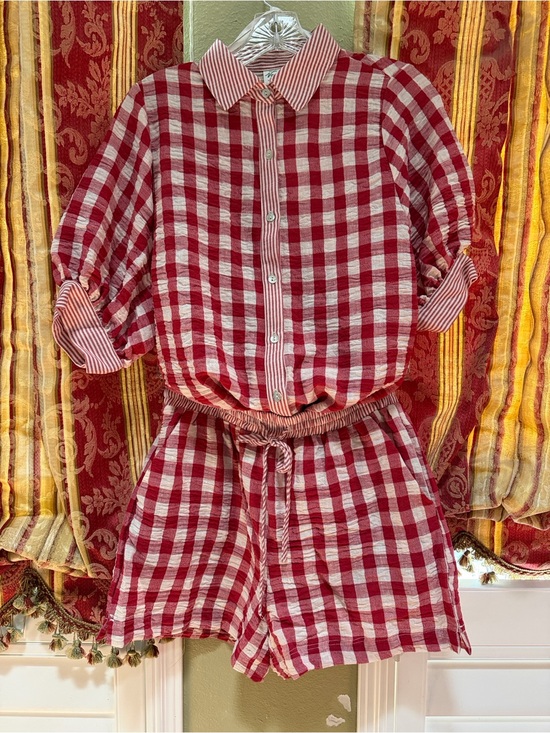 Very J Pants - Red and White Gingham Set - Short Sleeve Top & Shorts